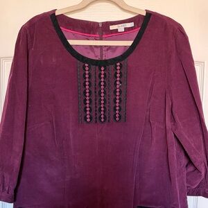 Boden Women's Plum corduroy mini shift dress with Black Trim embroidery sz 18L